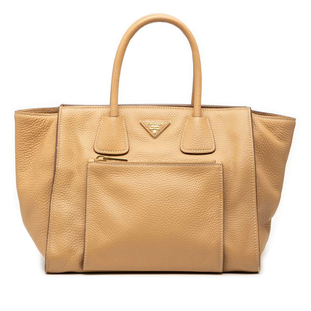Prada Vitello Daino Front Pocket Open Convertible Tote Brown Leather Good - Front View