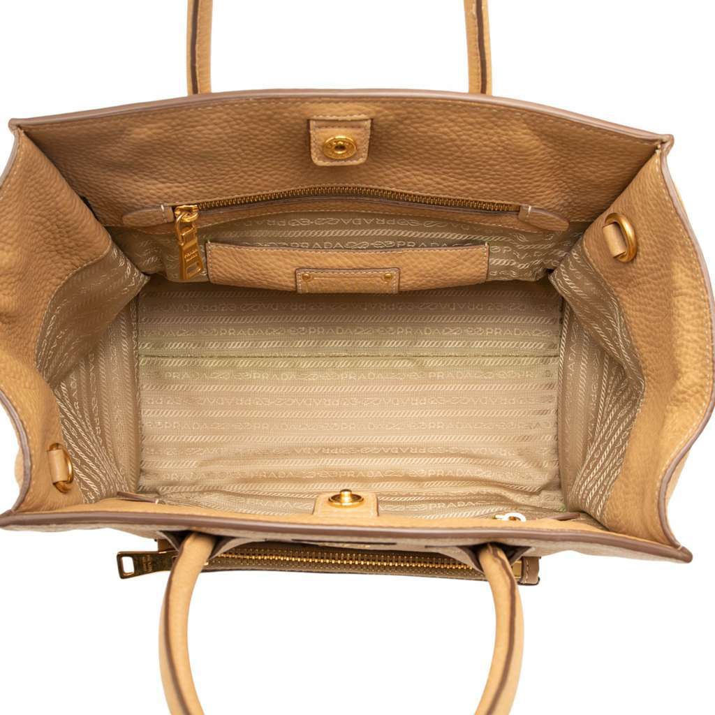 Prada Vitello Daino Front Pocket Open Convertible Tote Brown Leather Good - Model View