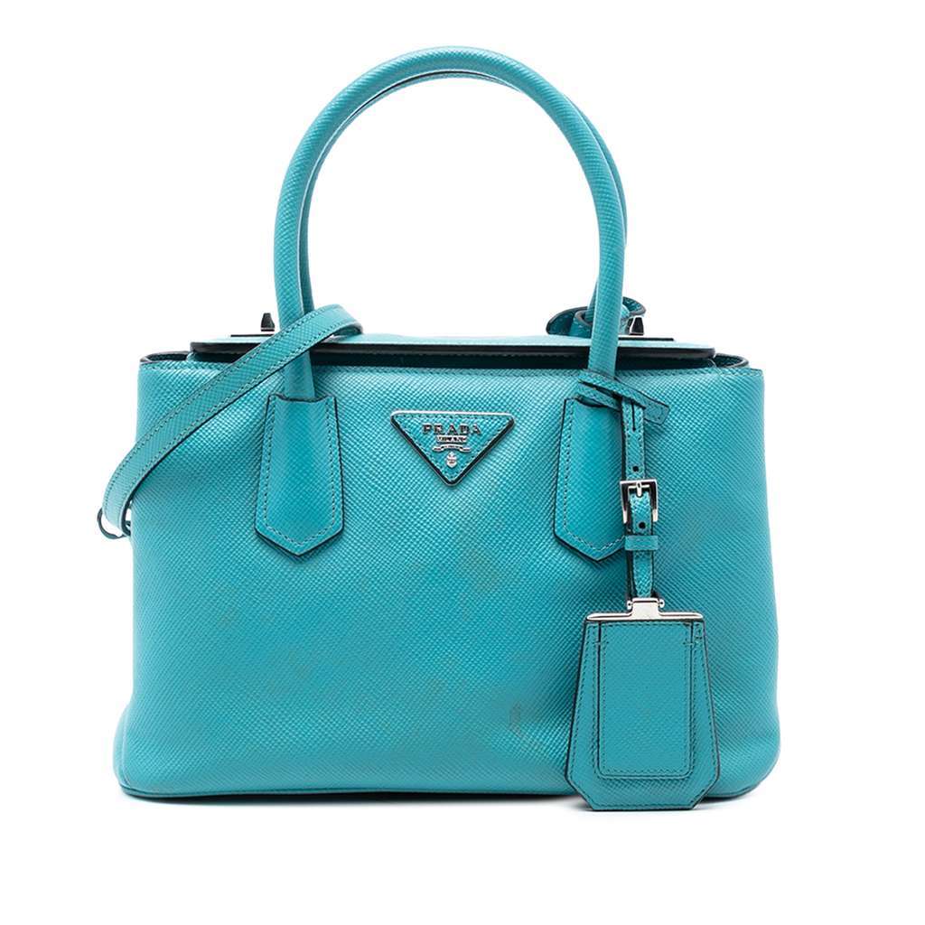 Prada Small Saffiano Cuir Turnlock Twin Satchel Blue Leather Very good condition - Front View