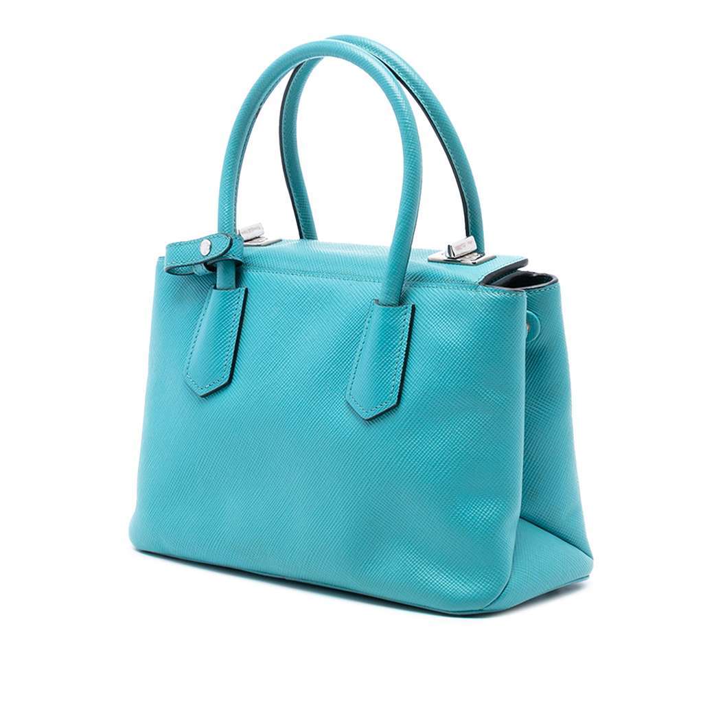 Prada Small Saffiano Cuir Turnlock Twin Satchel Blue Leather Very good condition - Back View