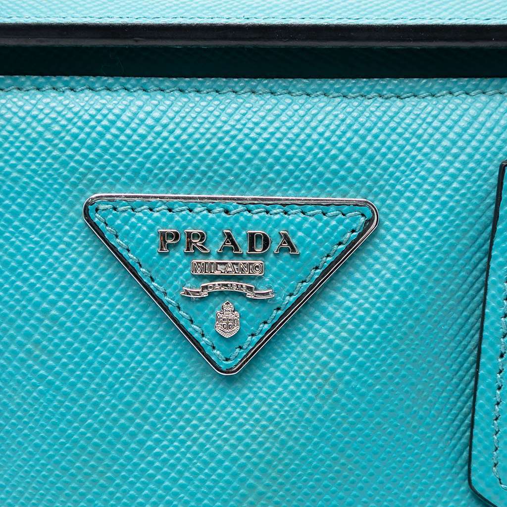 Prada Small Saffiano Cuir Turnlock Twin Satchel Blue Leather Very good condition - Box View