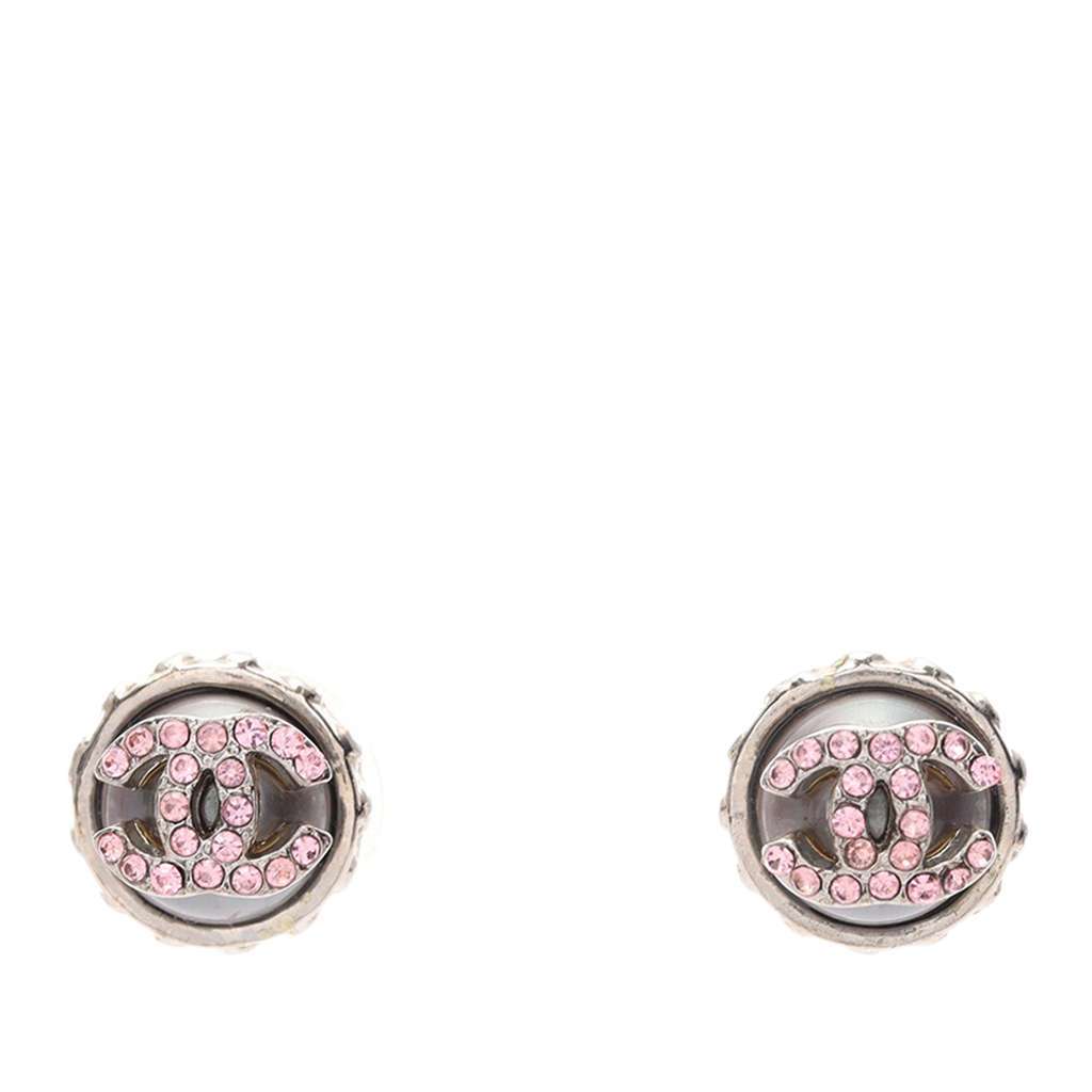 Chanel CC Stainless Steel Rhinestones Push Back Earrings Silver Stainless steel Good condition - Front View