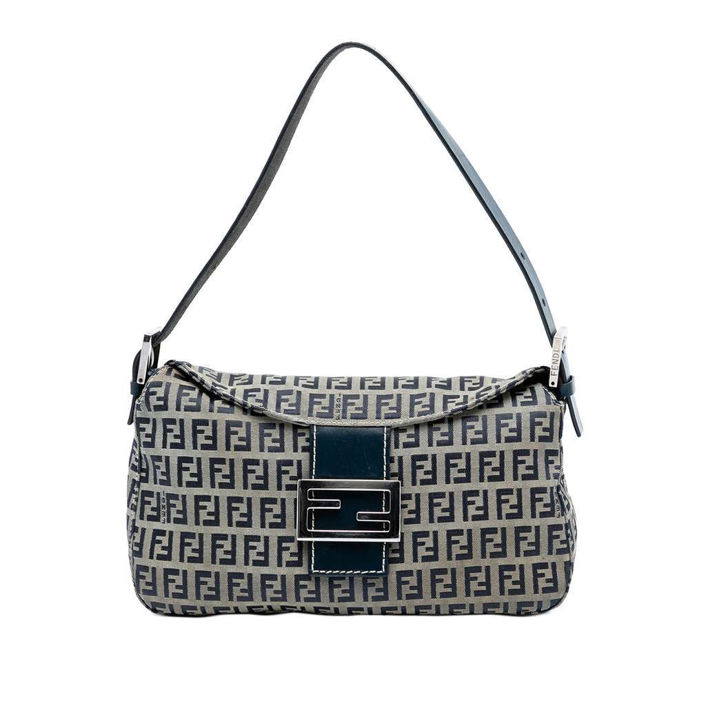 Fendi Zucchino Canvas Double Flap Shoulder Bag Grey Canvas Good - Front View