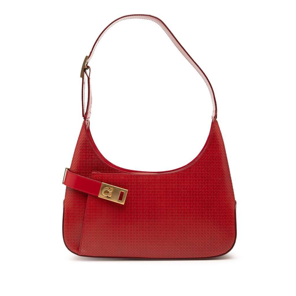 Salvatore Ferragamo Gancini Embossed Leather Shoulder Bag Red Leather Very good condition - Front View