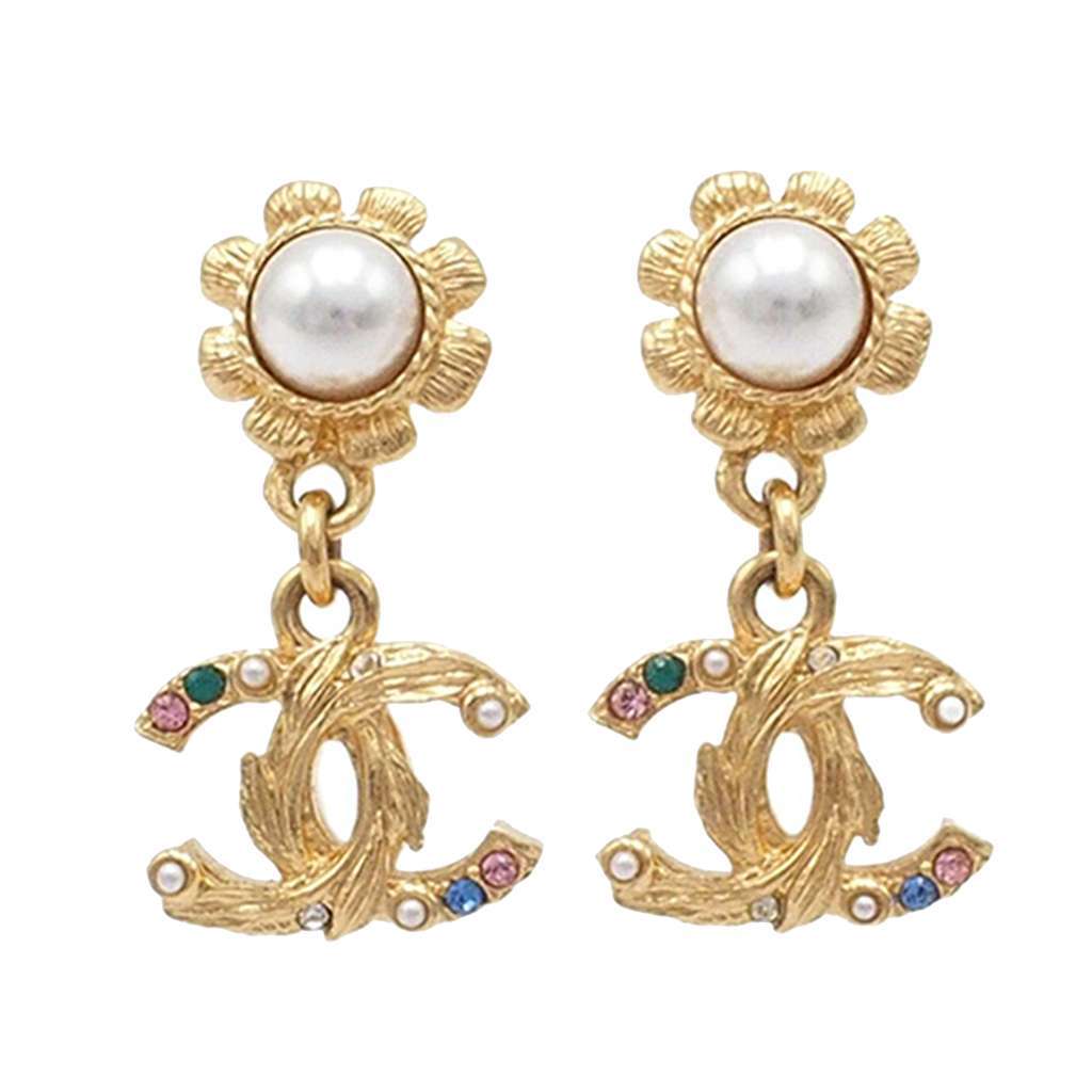 Chanel CC Gold Plated Faux Pearl and Rhinestone Swing Push Back Earrings Gold Metal Good - Front View