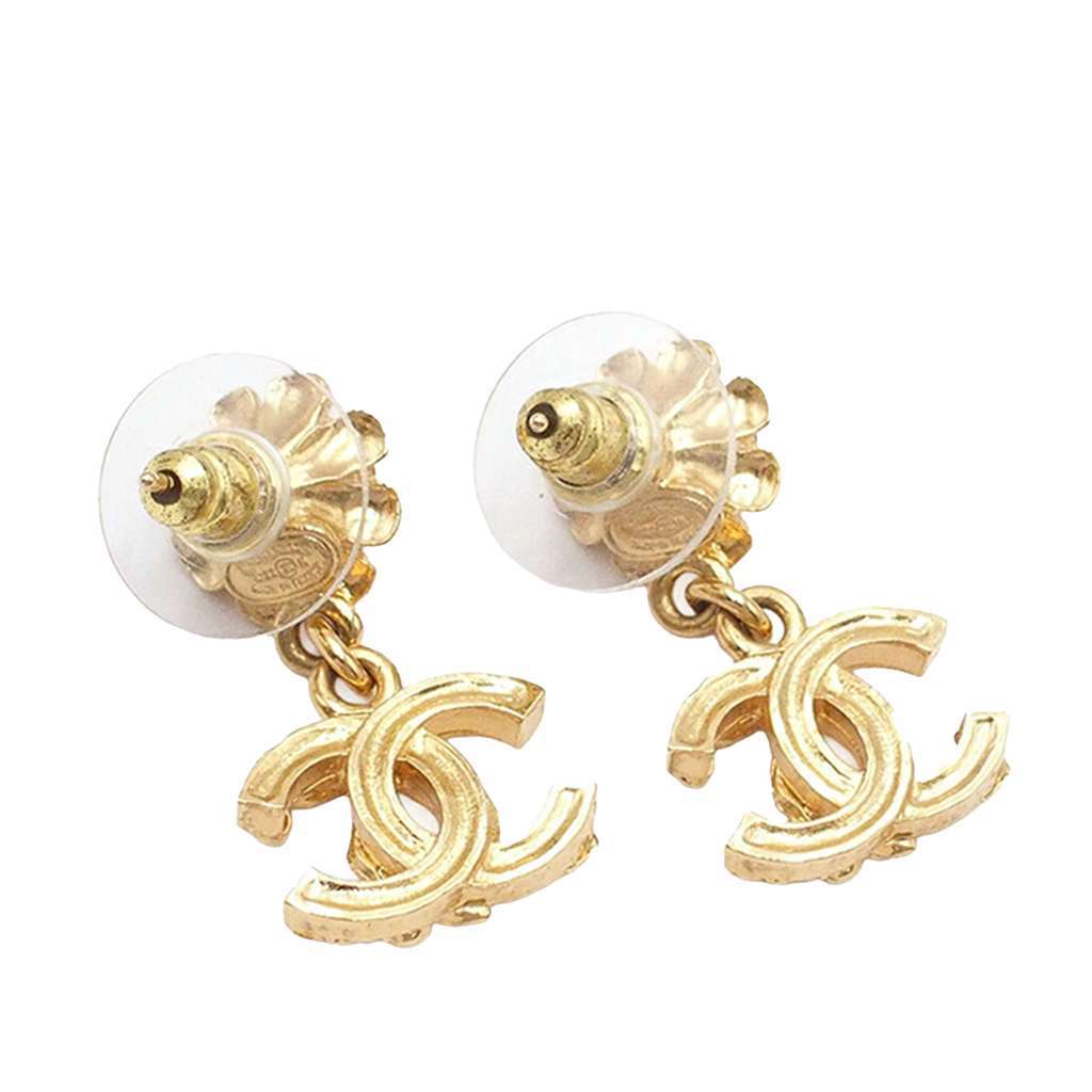 Chanel CC Gold Plated Faux Pearl and Rhinestone Swing Push Back Earrings Gold Metal Good - Back View