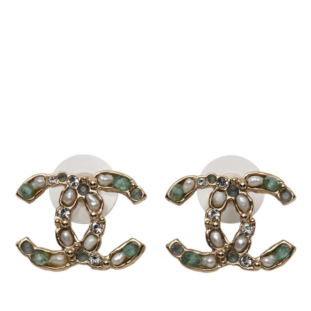 Chanel CC Gold Plated Faux Pearl and Rhinestone Push Back arrings Gold Metal Good - Front View