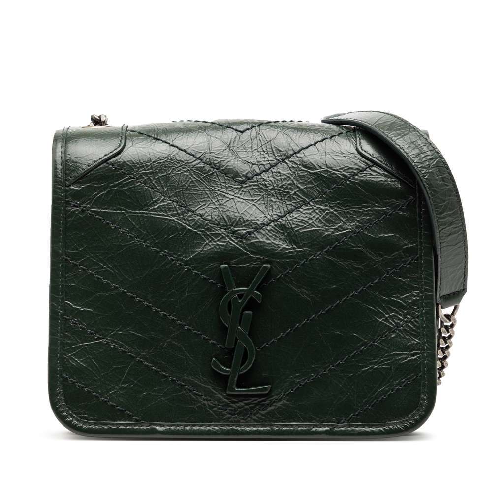 Saint Laurent Crinkled Calfskin Niki Wallet on Chain Green Leather Very good condition - Front View
