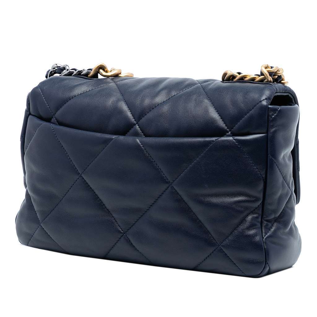 Chanel Large Lambskin 19 Flap Blue Leather Good - Back View