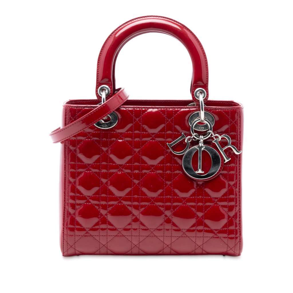 Dior Medium Patent Cannage Lady Dior Red Leather Good - Front View