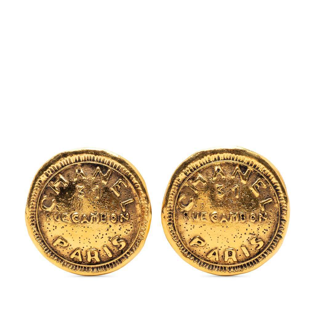 Chanel Gold Plated 31 Rue Cambon Round Clip On Earrings Gold Metal Very good condition - Front View