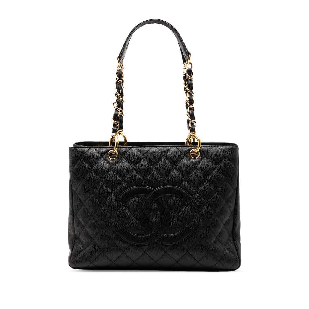 Chanel Caviar Grand Shopping Tote Black Leather Good - Front View