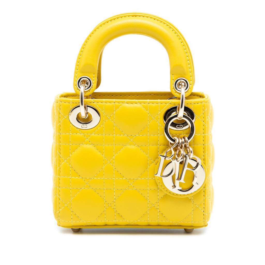 Dior Micro Lambskin Cannage Lady Dior Yellow Leather Very good condition - Front View