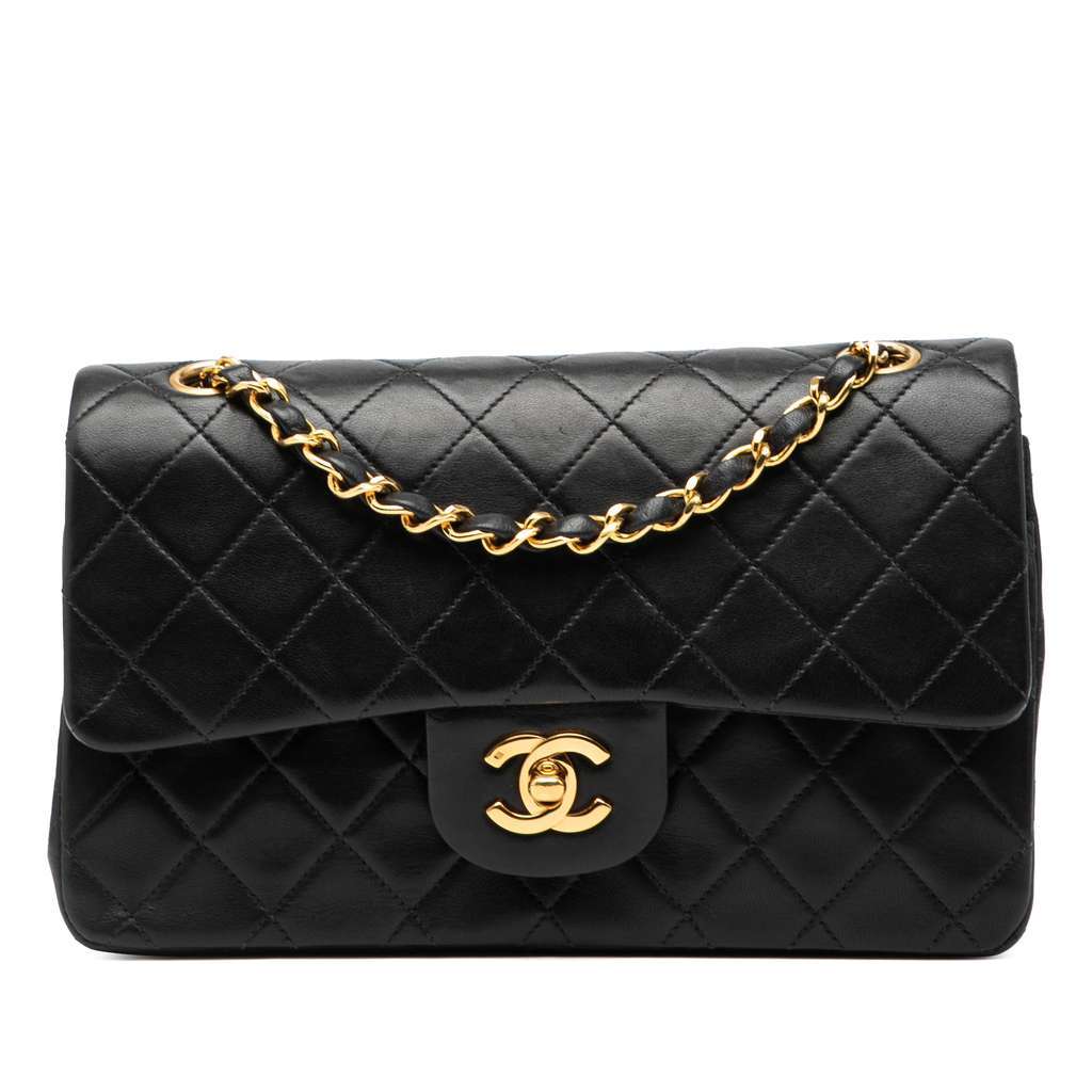 Chanel Small Classic Lambskin Double Flap Black Leather Good - Front View