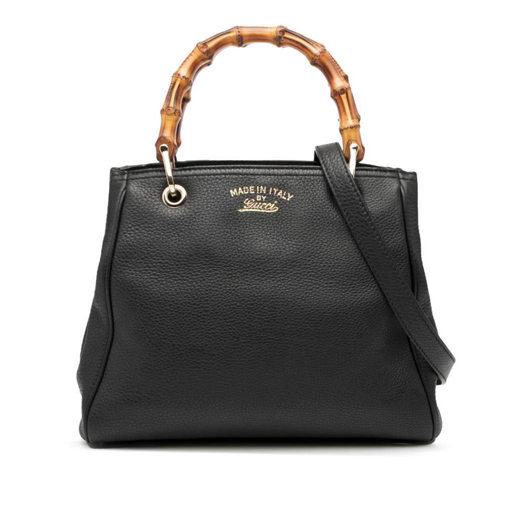 Gucci Small Calfskin Bamboo Shopper Satchel Black Leather Good - Front View