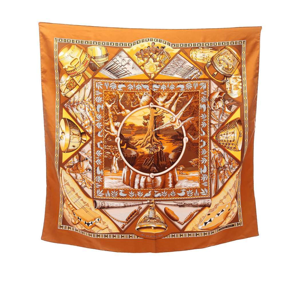 Hermès Au Son Du Tam Tam Silk Scarf 90 Brown Silk Good condition - Front View