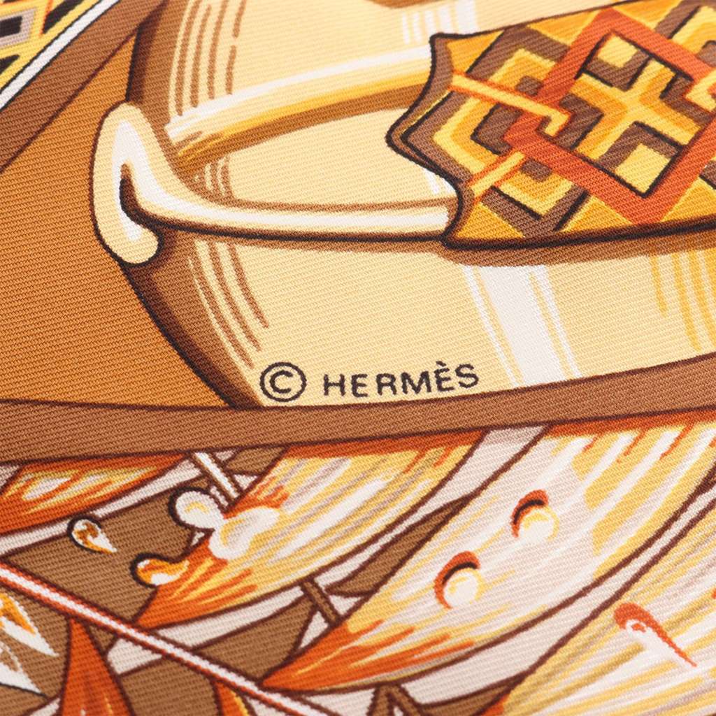 Hermès Au Son Du Tam Tam Silk Scarf 90 Brown Silk Good condition - Inside View