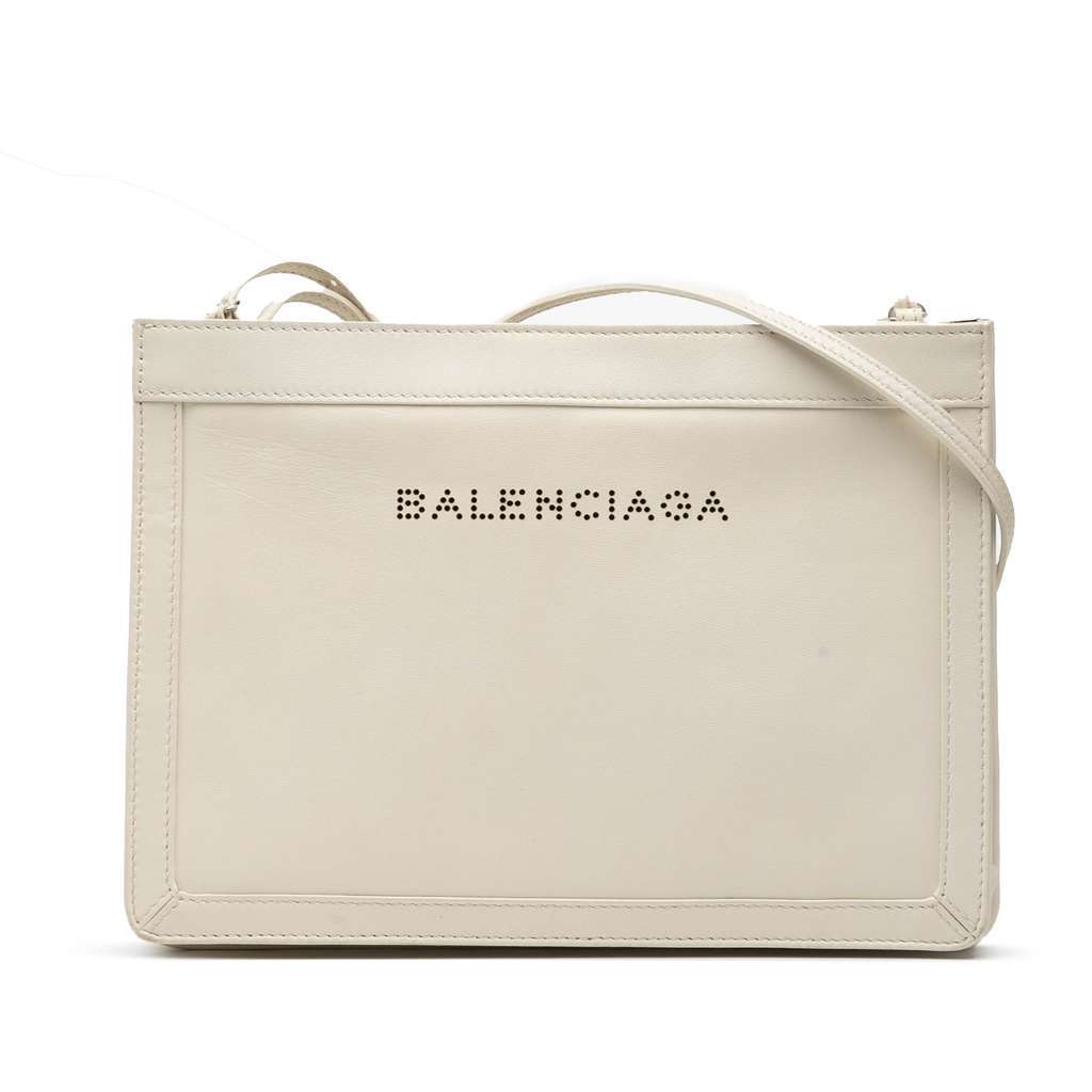 Balenciaga Leather Perforated Logo Navy Pochette Crossbody White Leather Very good - Front View