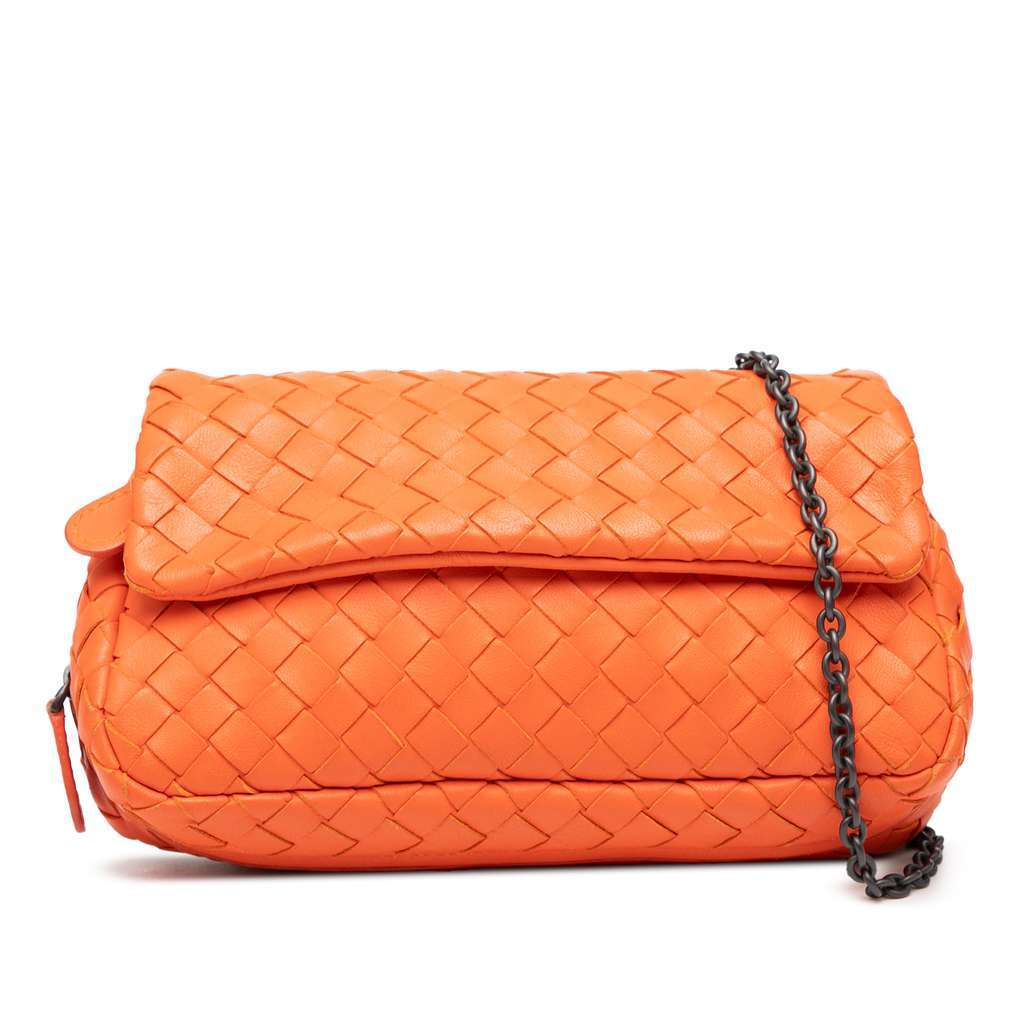 Bottega Veneta Mini Nappa Intrecciato Expandable Chain Flap Crossbody Orange Leather Very good - Front View