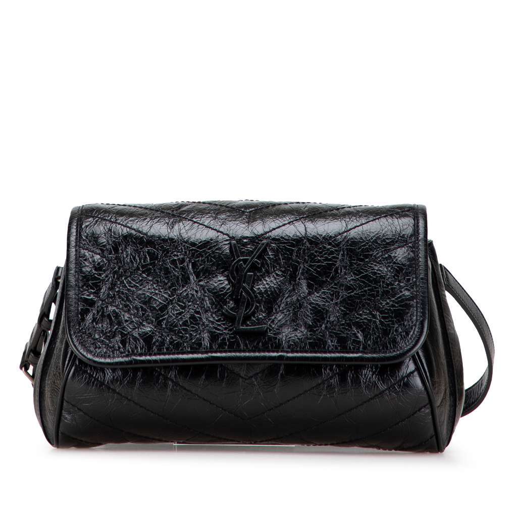 Saint Laurent Crinkled Calfskin Monogram Niki Belt Bag Black Leather Good - Front View