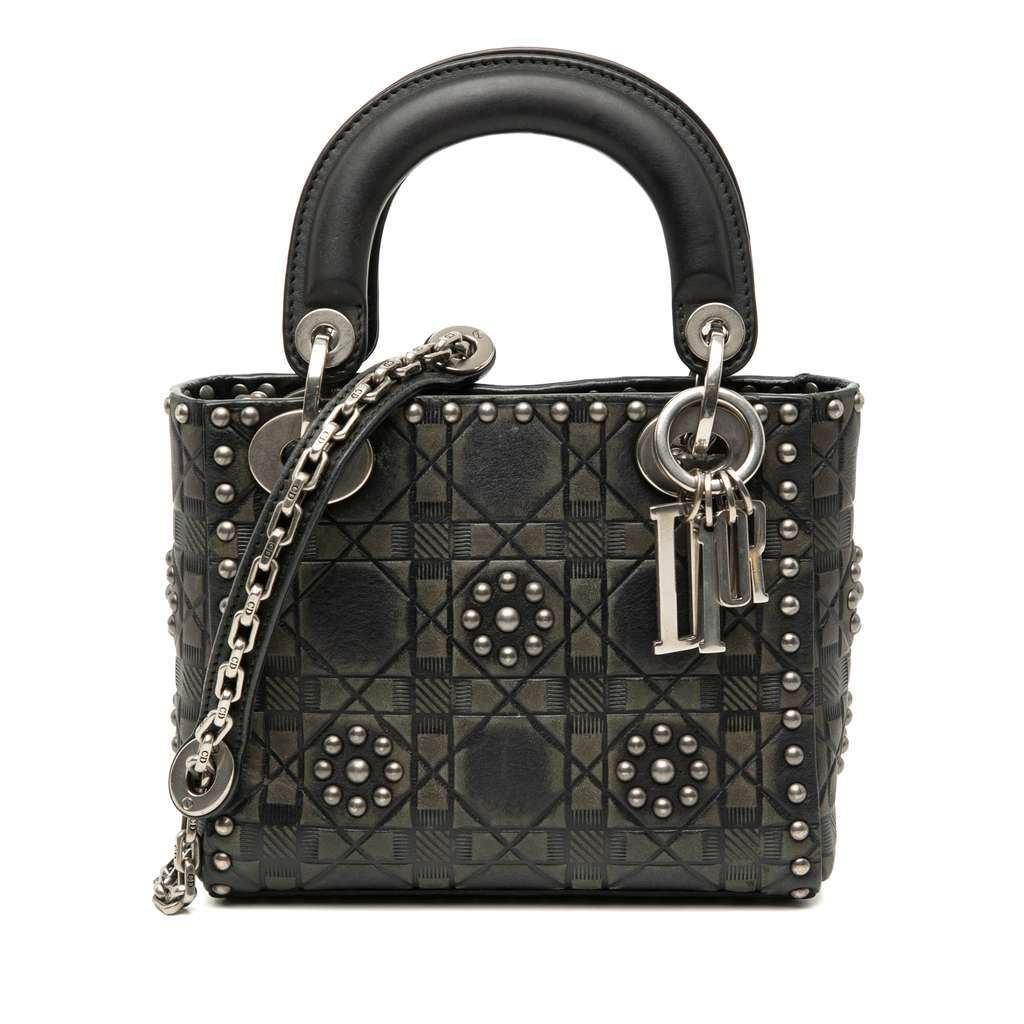 Dior Mini Calfskin Cannage Studded Flower Lady Dior Black Leather Very good condition - Front View