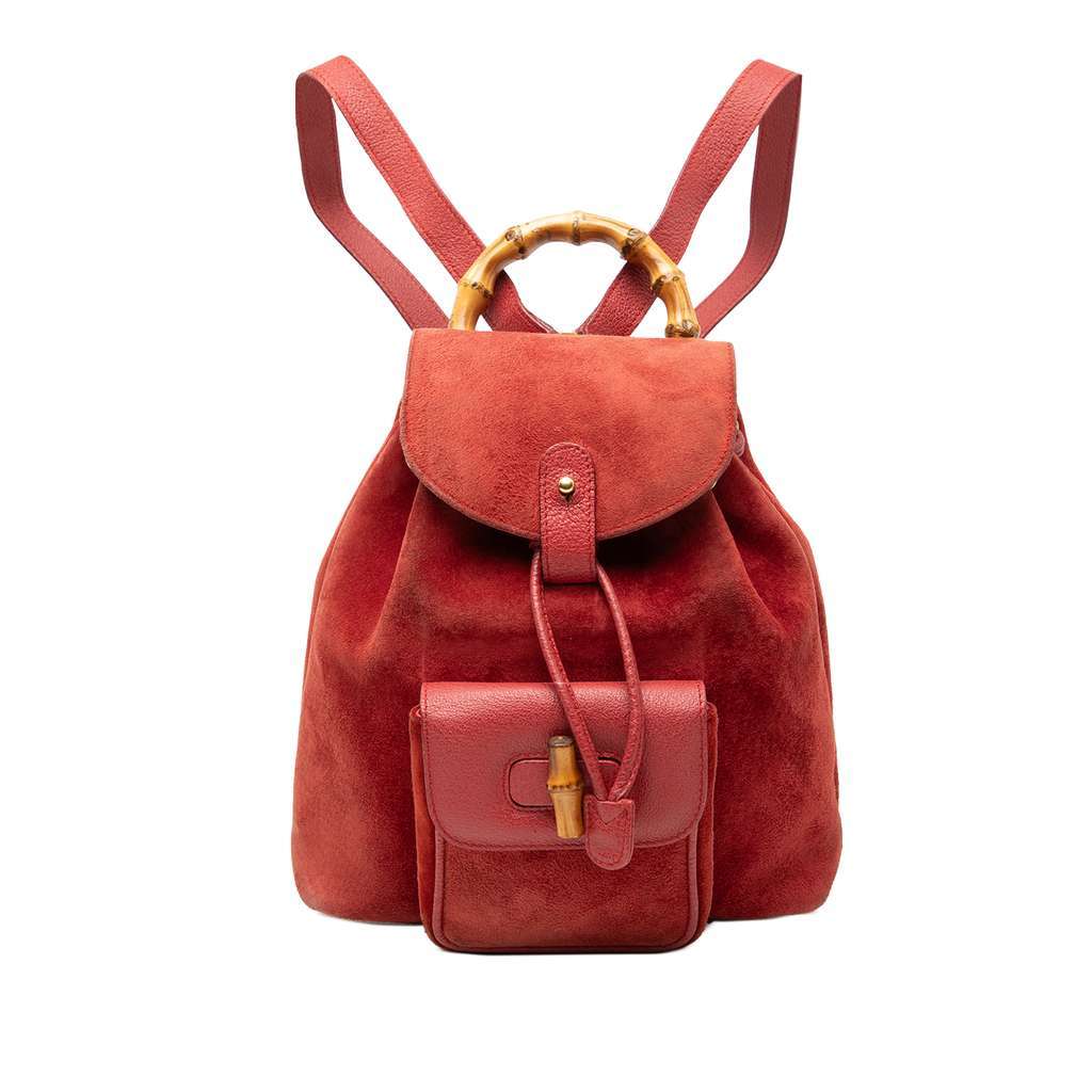 Gucci Suede Bamboo Backpack Red Leather Very good condition - Front View