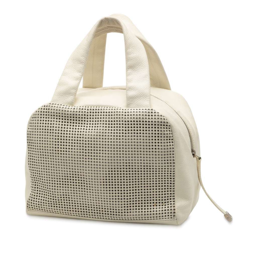 Chanel CC Perforated Caviar Bowler Bag White Leather Good - Back View