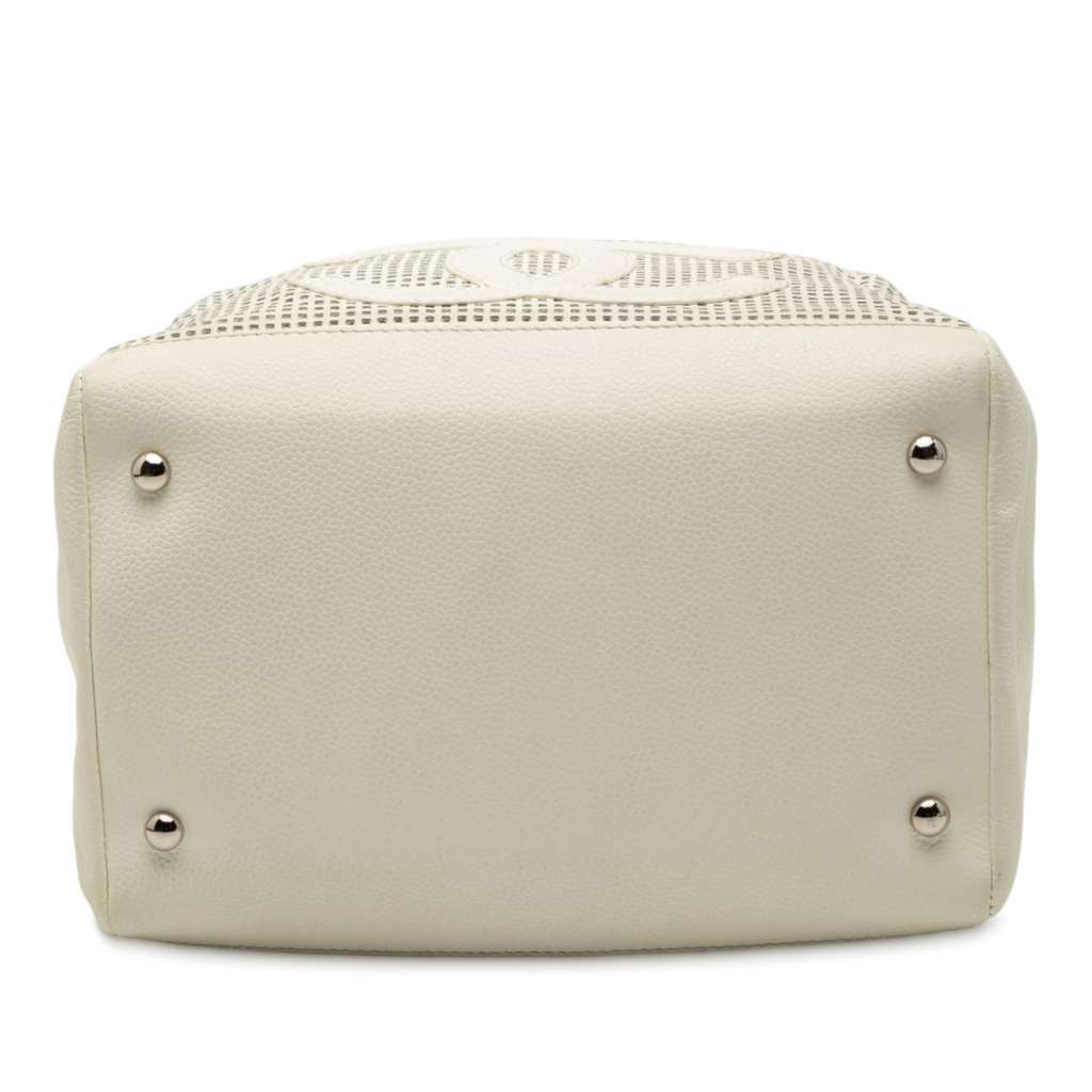 Chanel CC Perforated Caviar Bowler Bag White Leather Good - Inside View