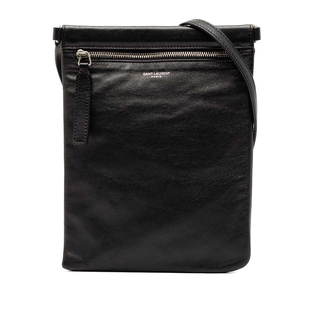 Saint Laurent Antiqued Lambskin Sid Flat Crossbody Black Leather Good condition - Front View