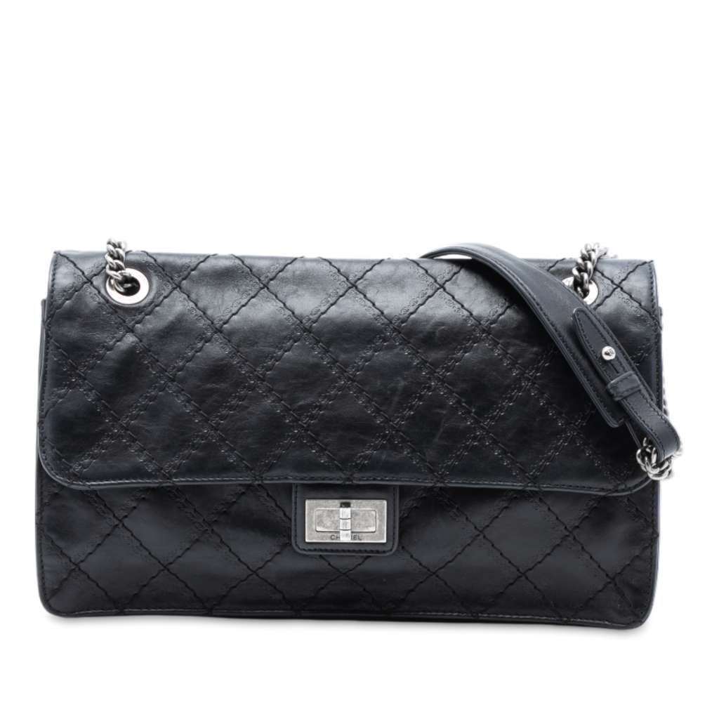 Chanel Embossed CC Quilted Aged Calfskin Reissue 2.55 Single Flap 227 Black Leather Good - Front View