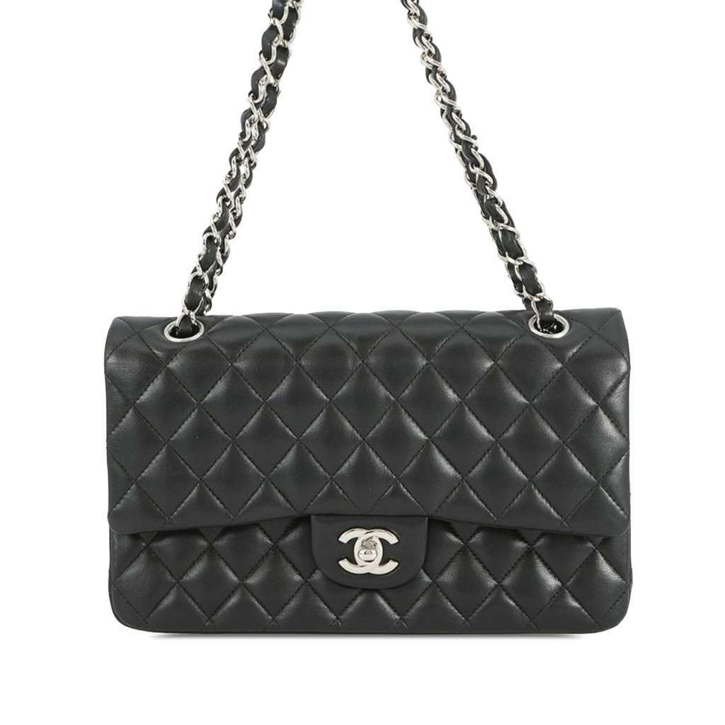 Chanel Medium Classic Lambskin Double Flap Black Leather Good - Front View