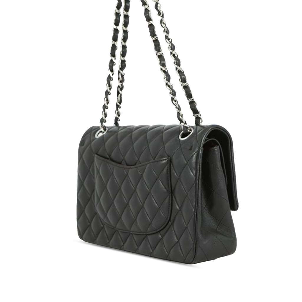 Chanel Medium Classic Lambskin Double Flap Black Leather Good - Back View