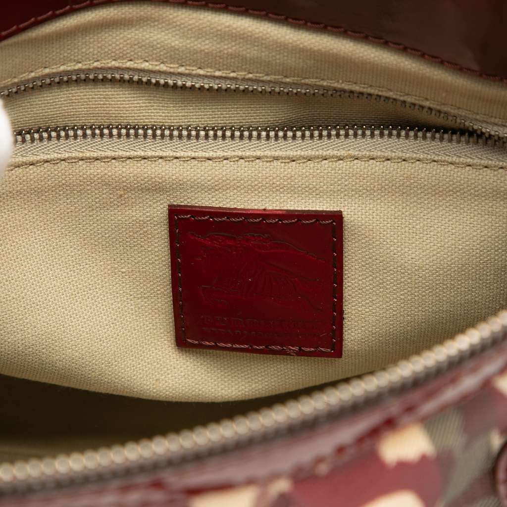 Burberry Patent Trimmed House Check Coated Canvas Hearts Pilgrim Satchel Brown Canvas Very good - Box View