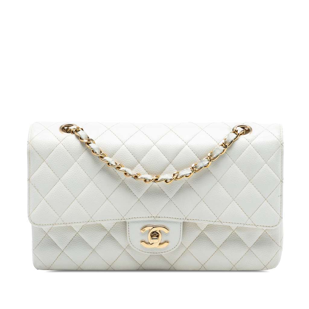 Chanel Medium Classic Caviar Double Flap White Leather Very good condition - Front View