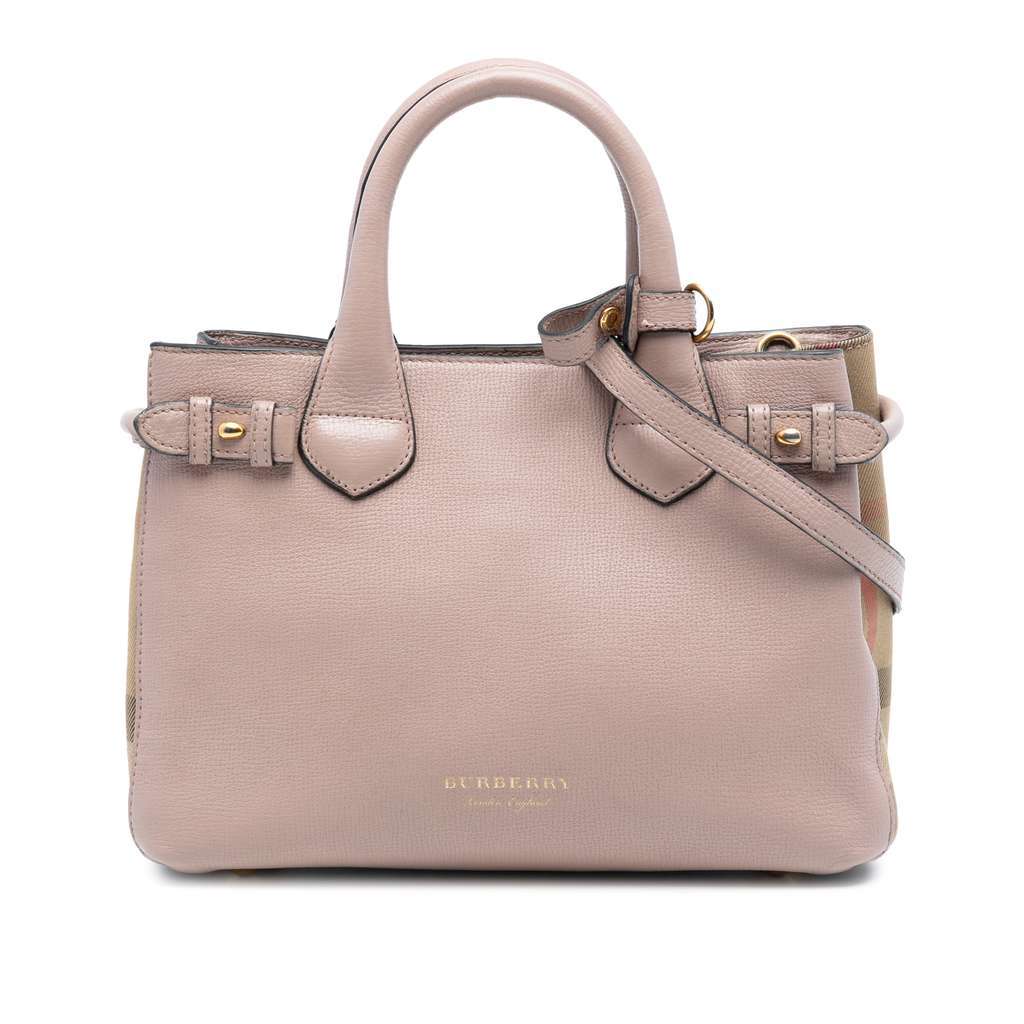 Burberry Small Grainy Calfskin and House Check Banner Satchel Brown Leather Very good condition - Front View