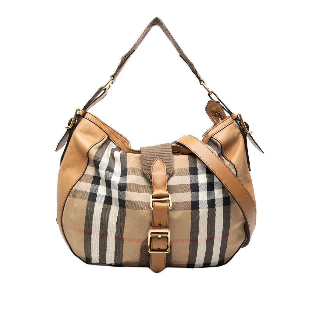 Burberry Medium House Check Canvas Ashwood Hobo Brown Canvas Good - Front View