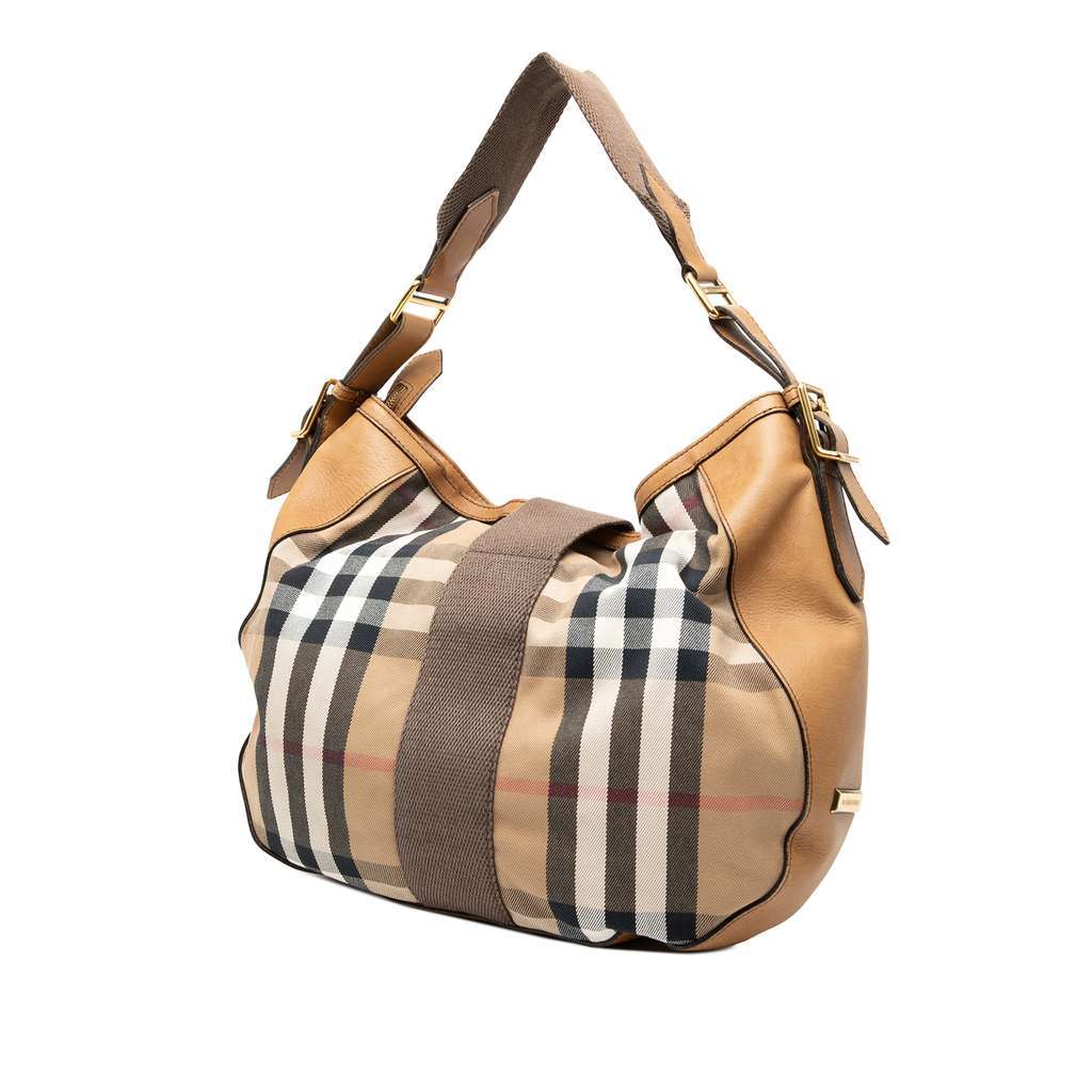 Burberry Medium House Check Canvas Ashwood Hobo Brown Canvas Good - Back View