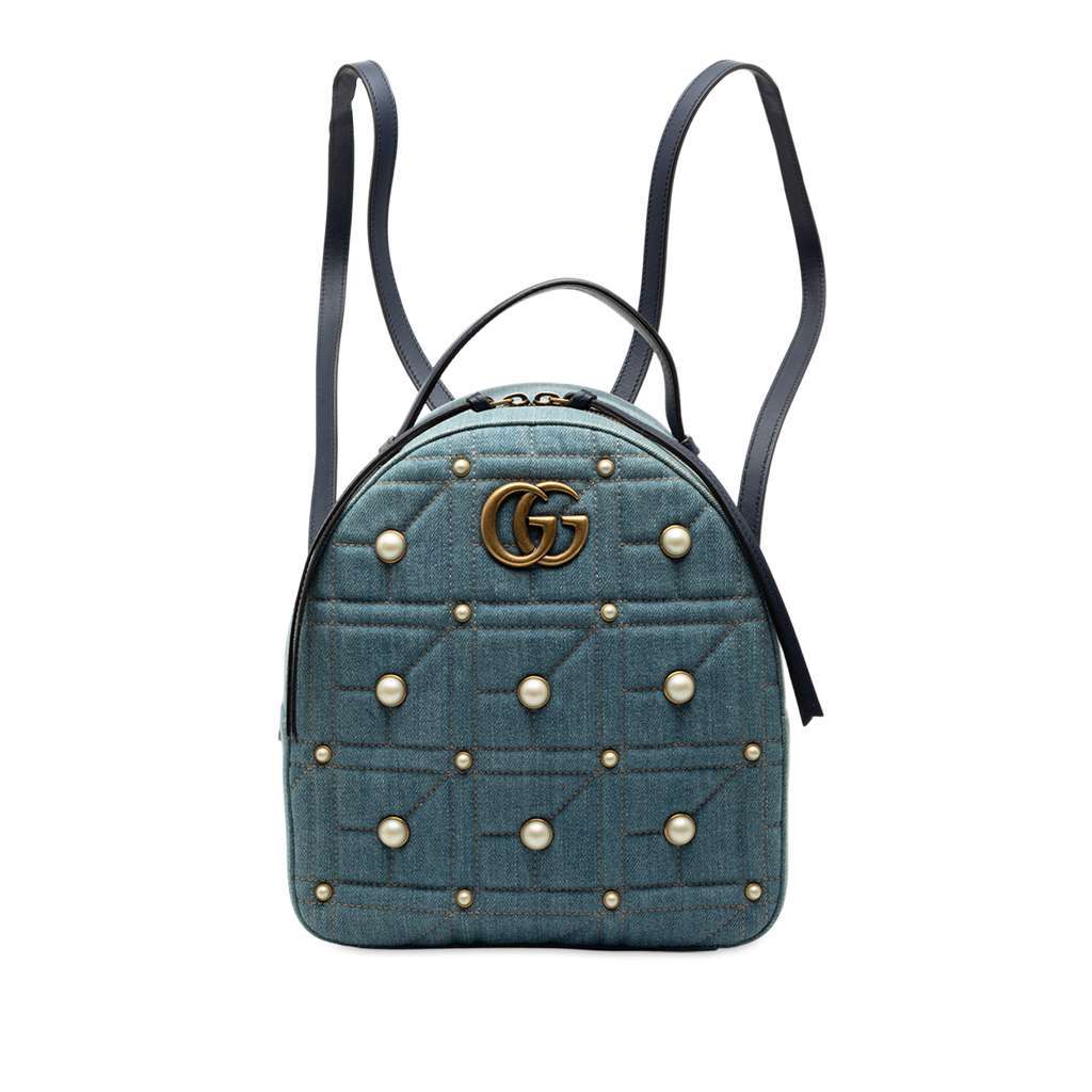 Gucci Small GG Marmont Pearl Studded Matelasse Denim Backpack Blue Denim Very good condition - Front View