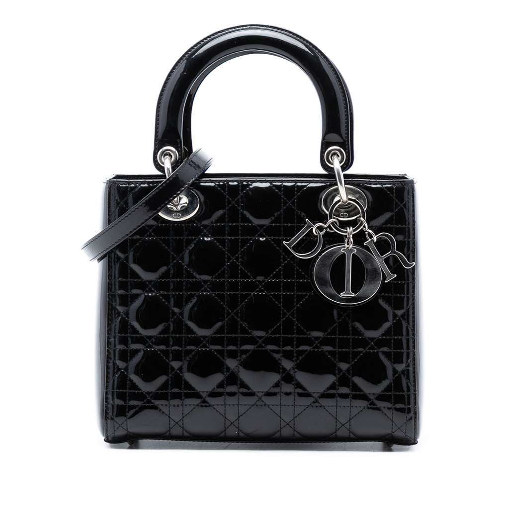 Dior Medium Patent Cannage Lady Dior Black Leather Good - Front View