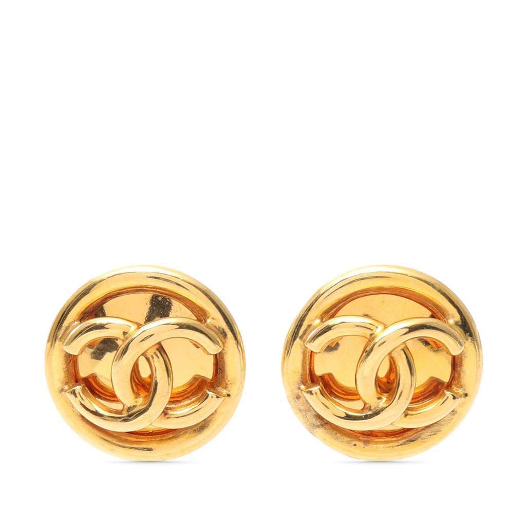 Chanel CC Gold Plated Button Clip On Earrings Gold Metal Good - Front View