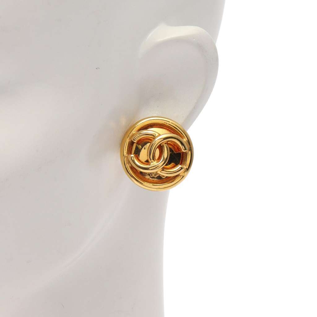 Chanel CC Gold Plated Button Clip On Earrings Gold Metal Good - Box View