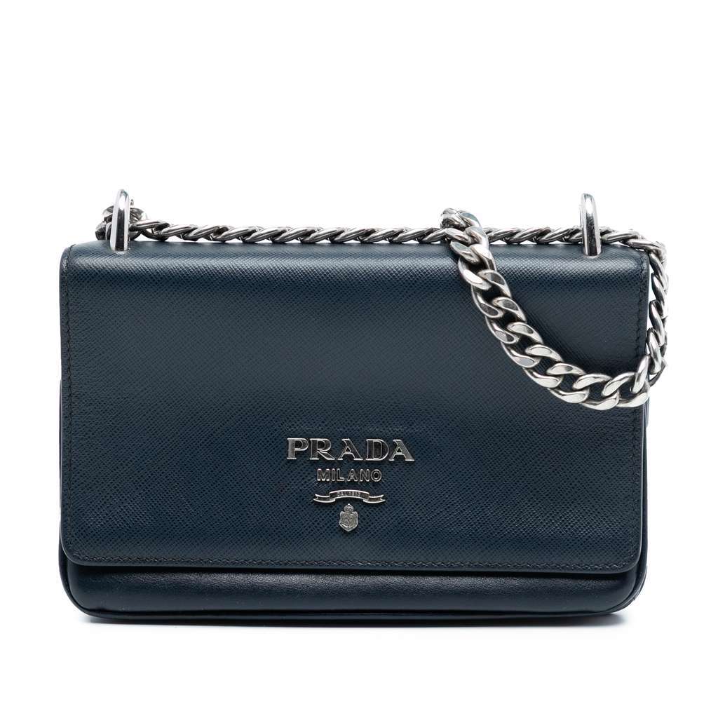Prada Saffiano and City Calf Chain Crossbody Blue Leather Very good - Front View