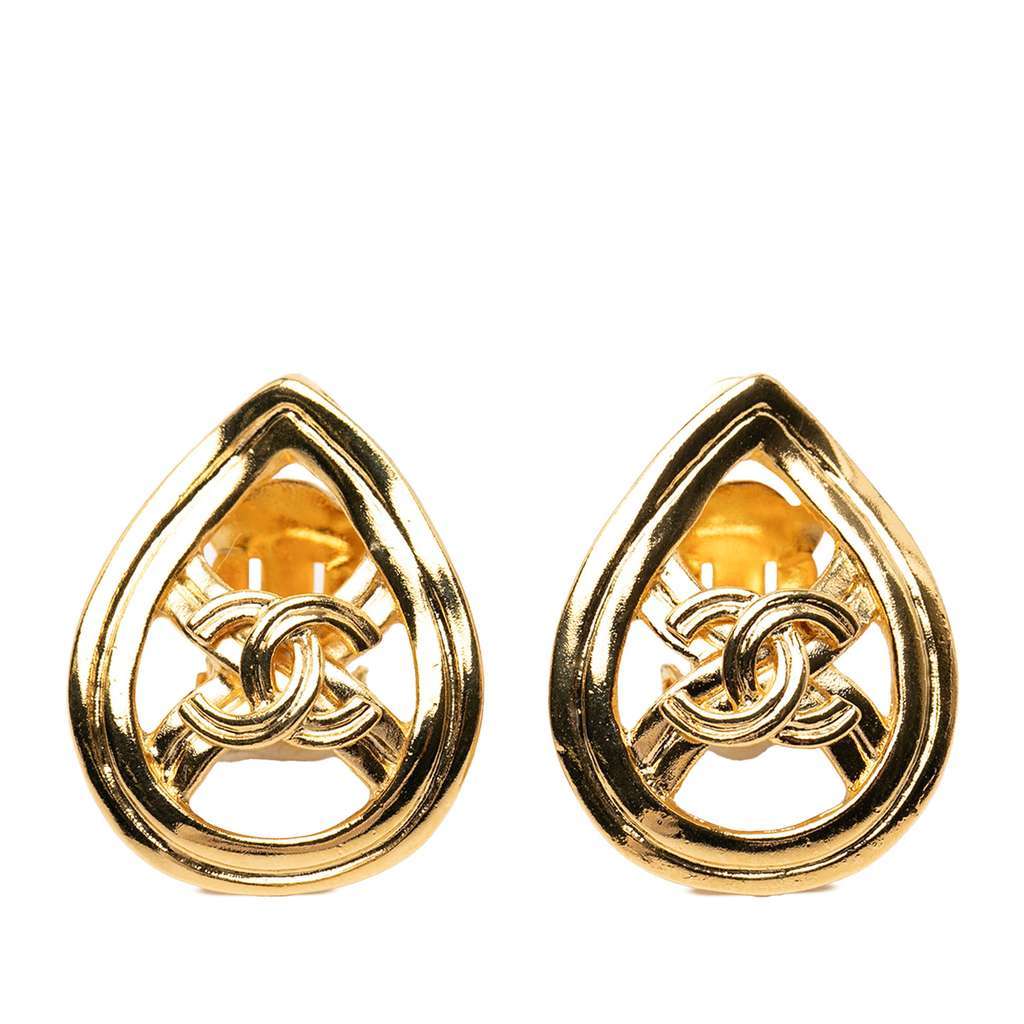 Chanel Gold Plated CC Teardrop Clip On Earrings Gold Metal Very good - Front View