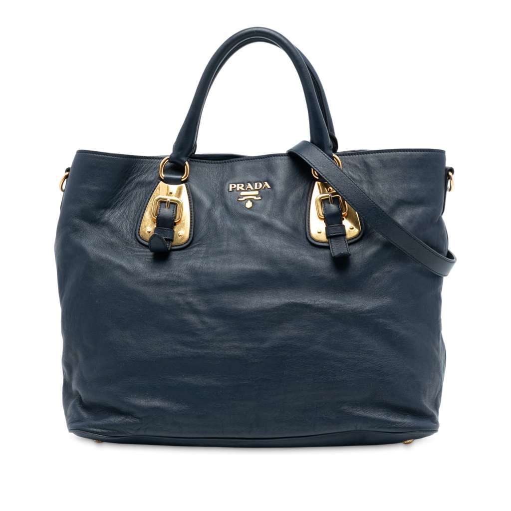 Prada Soft Calfskin Open Convertible Shopping Tote Blue Leather Very good - Front View