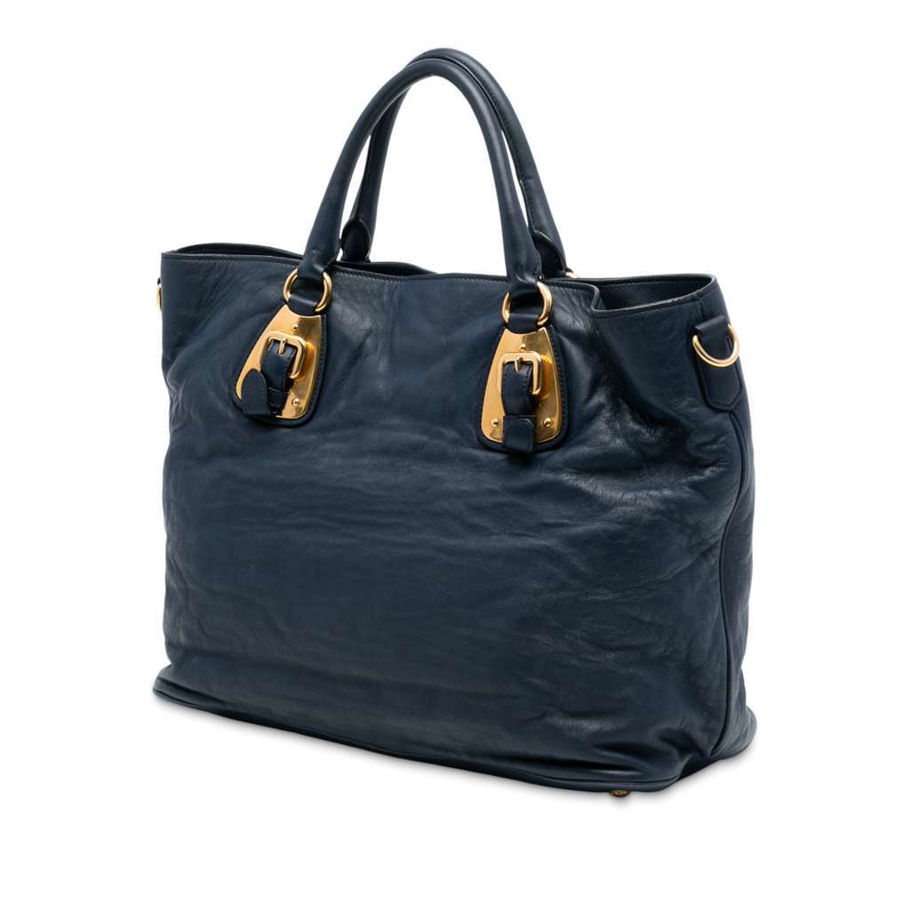 Prada Soft Calfskin Open Convertible Shopping Tote Blue Leather Very good - Back View