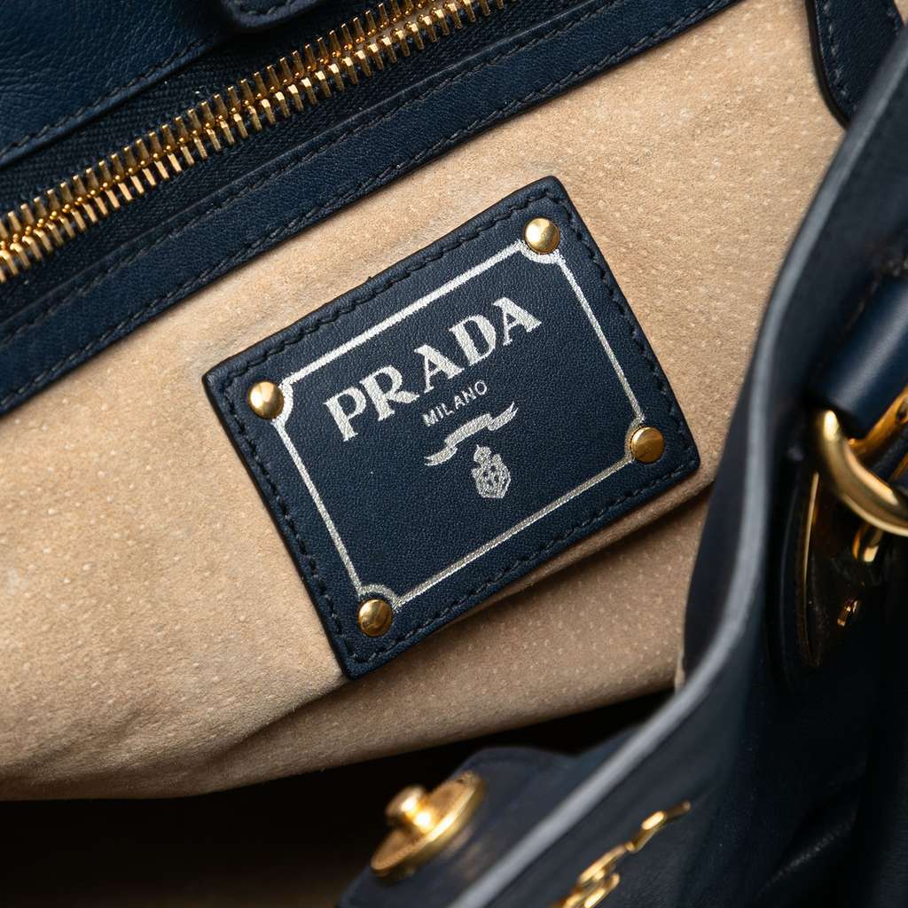 Prada Soft Calfskin Open Convertible Shopping Tote Blue Leather Very good - Box View