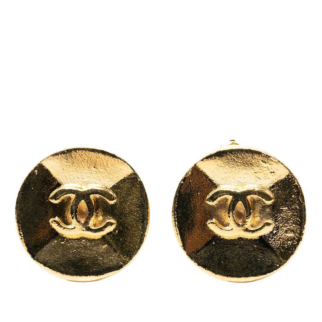 Chanel CC Gold Plated Button Clip on Earrings Gold Metal Very good - Front View