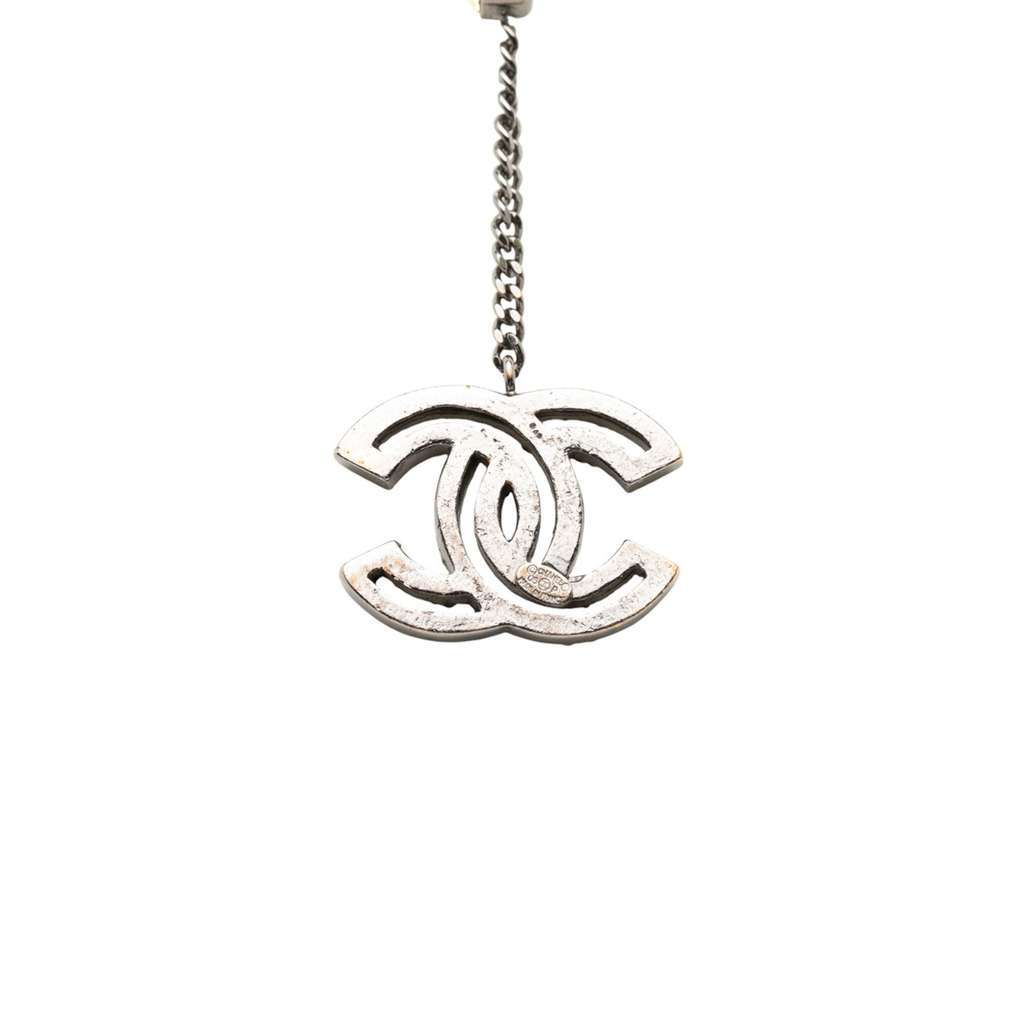 Chanel Silver Plated Rhinestone CC Drop Pendant Necklace Silver Metal Good - Back View