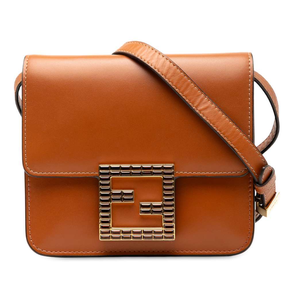 Fendi Leather Crystal Fab Crossbody Brown Leather Very good - Front View