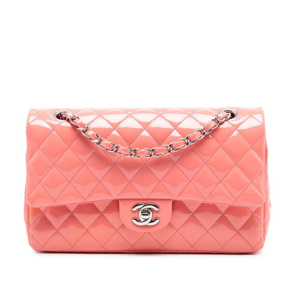 Chanel Medium Classic Patent Double Flap Pink Leather Good - Front View